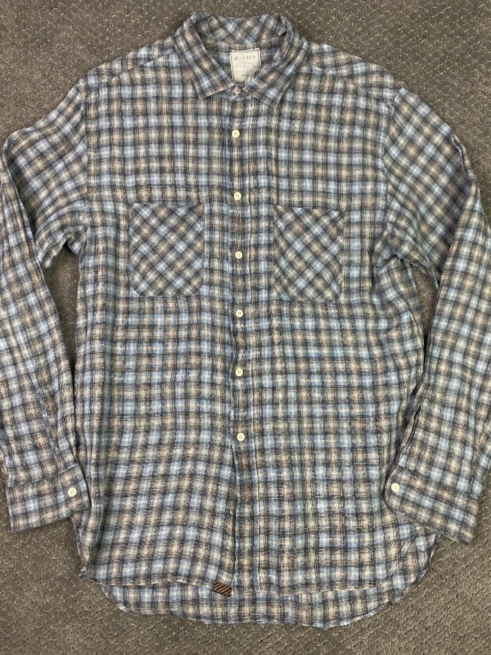 Billy Reid Linen Shirt Mens Large Blue Gray Plaid Check Long Sleeve